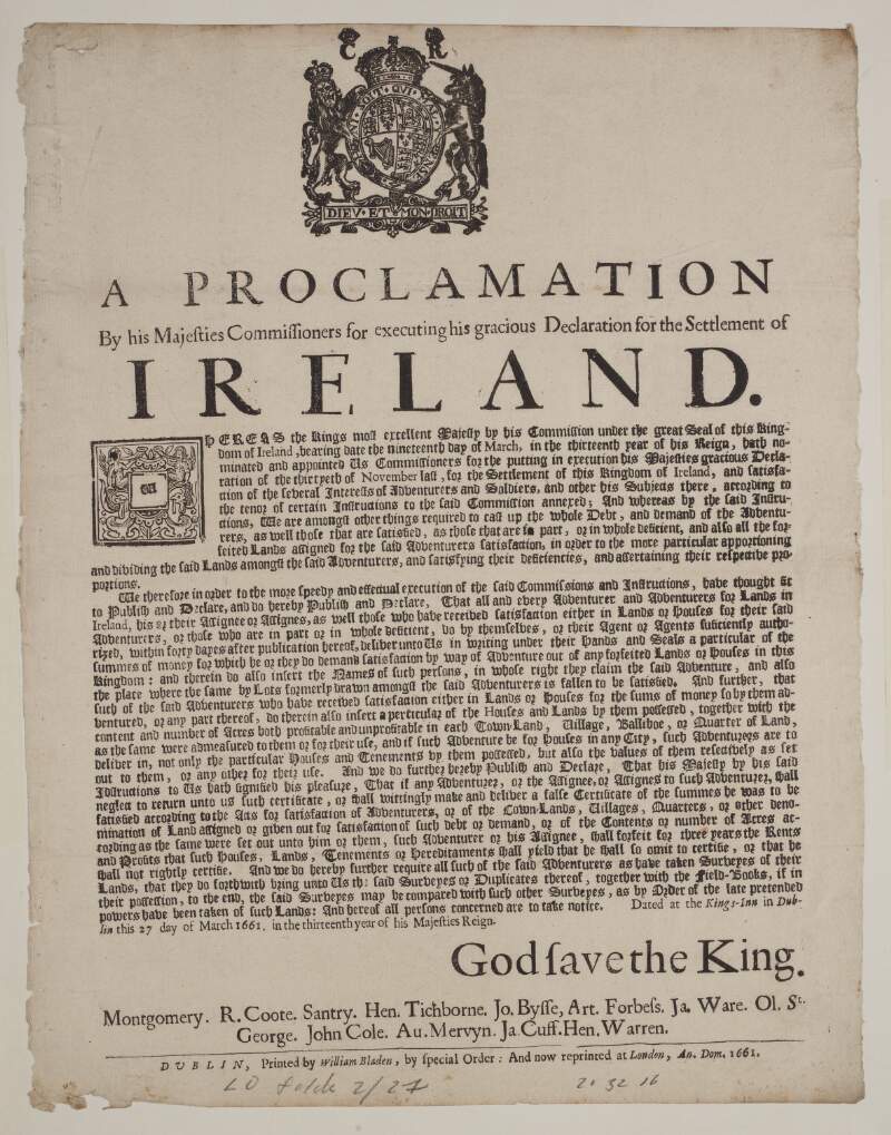 A proclamation by his Majesties Commissioners for executing his gracious declaration for the settlement of Ireland.