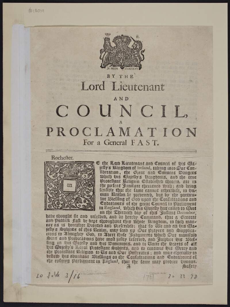 By the Lord Lieutenant and Council, a proclamation for a general fast