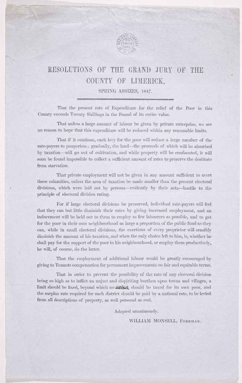 Resolutions of the Grand Jury of the County of Limerick, Spring Assizes, 1847. /