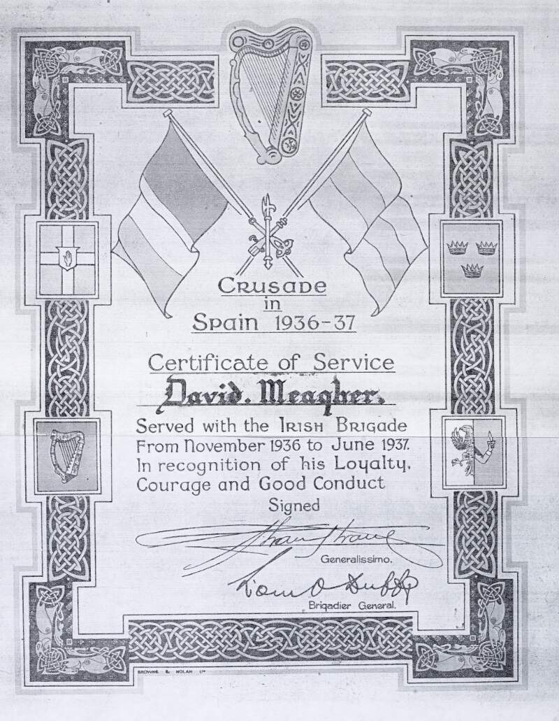 Certificate of service with the Irish Brigade in Spain, 1936-1937, awarded to David Meagher and signed by Eoin O'Duffy