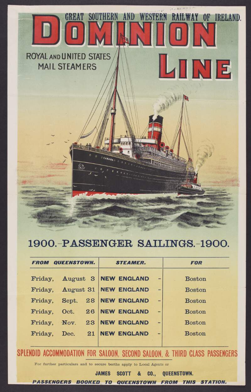 Great Southern & Western Railway of Ireland Dominion Line Royal and United States Mail Steamers 1900. - Passenger Sailings. - 1900