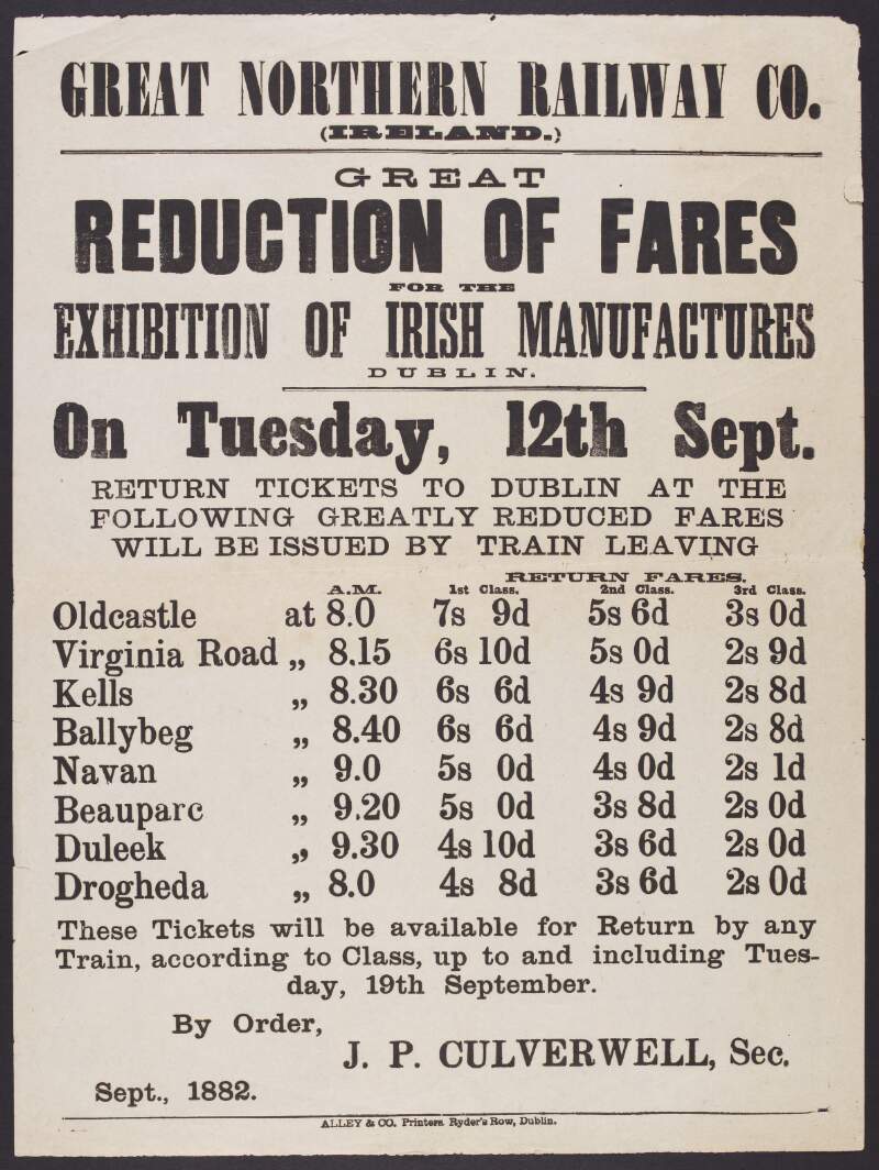 Great Reduction of Fares for the Exhibition of Irish Manufactures Dublin on Tuesday, 12th Sept....