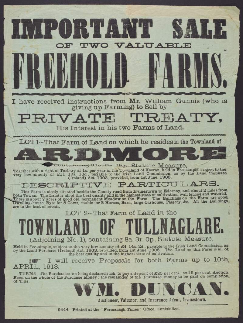 Important Sale of Two Valuable Freehold Farms. I have received instructions from Mr. William Gunnis (who is giving up farming) to sell by private treaty, his interest in his two farms of land.
