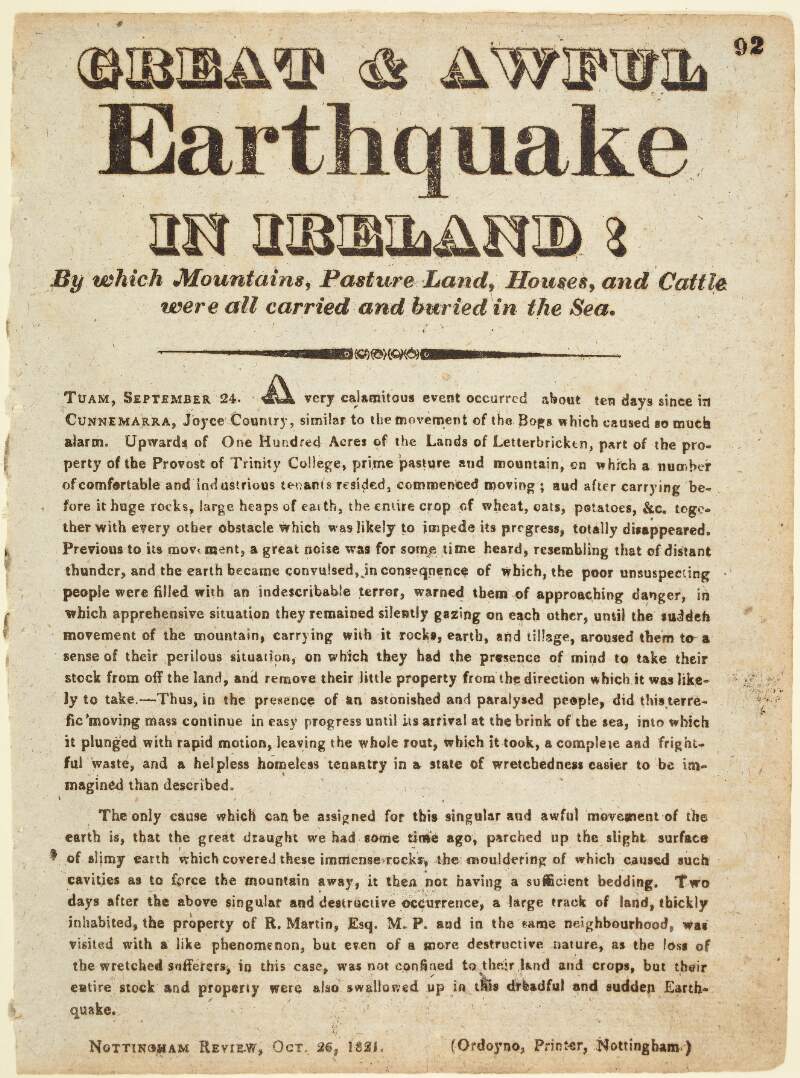 Great & awful earthquake in Ireland! : By which mountains, pasture land, houses, and cattle were all carried and buried in the sea ...