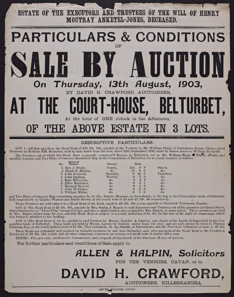 Estate of the executors and trustees of the will of Henry Moutray Anketel-Jones, deceased. Particulars & conditions of sale by auction on Thursday, 13th August, 1903, by David H. Crawford, Auctioneer, at the Court-House, Belturbet, at the hour of one o'clock in the afternoon, of the above estate in 3 lots ...