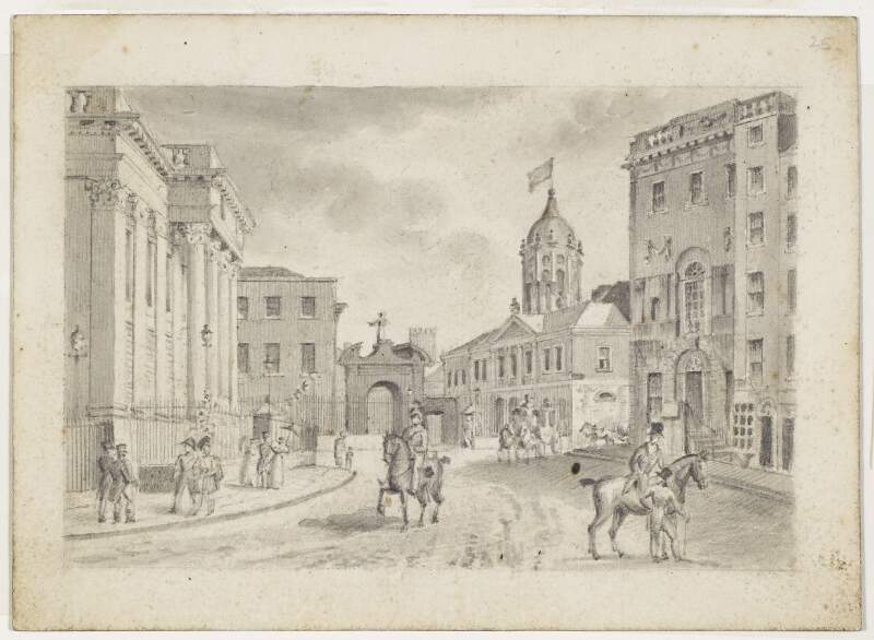 [Entrance to Upper Castle Yard, Dublin Castle. Royal Exchange on left, bank on right]