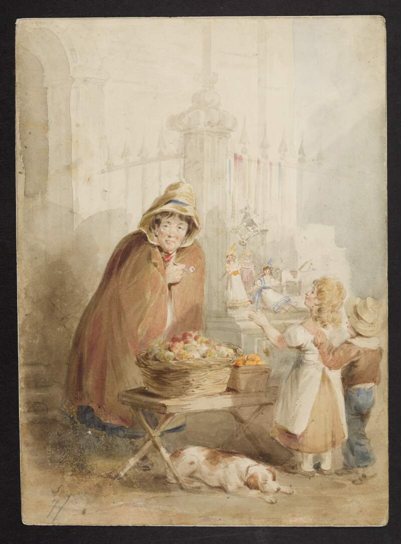 [Woman selling toys and fruit on the street]