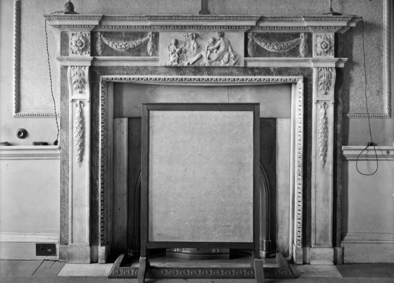 [Fireplace with classical mantel plaque, fire screen, Ely House, Dublin]
