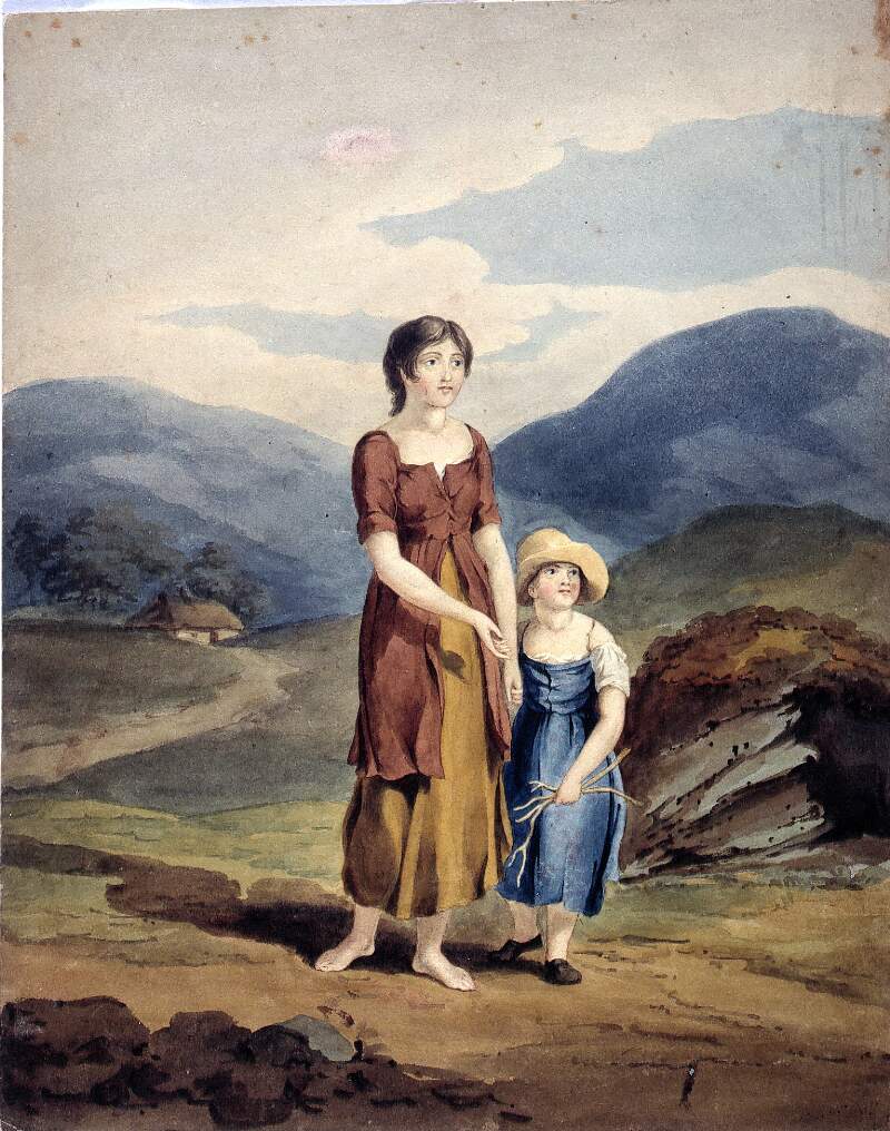 [A woman and child on a mountain road]