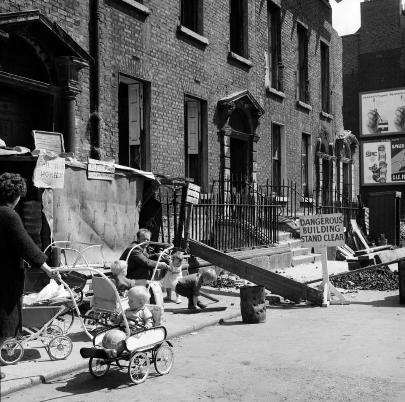 [Protest against evictions, shows children in prams, York Street, Dublin]