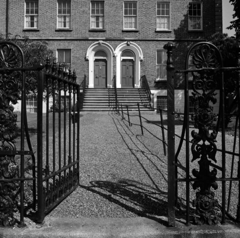 [Ornate ironwork gate and railings outside houses, Wellington Road, Dublin]