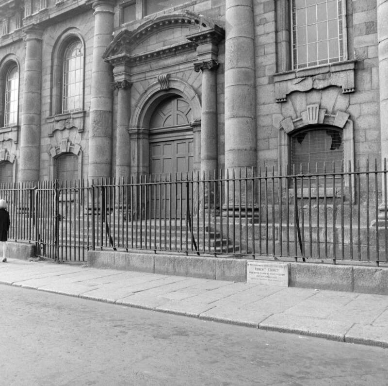 [Front entrance and railings of St. Catherine's Church, also shows plaque commemorating Robert Emmet, Thomas Street, Dublin]
