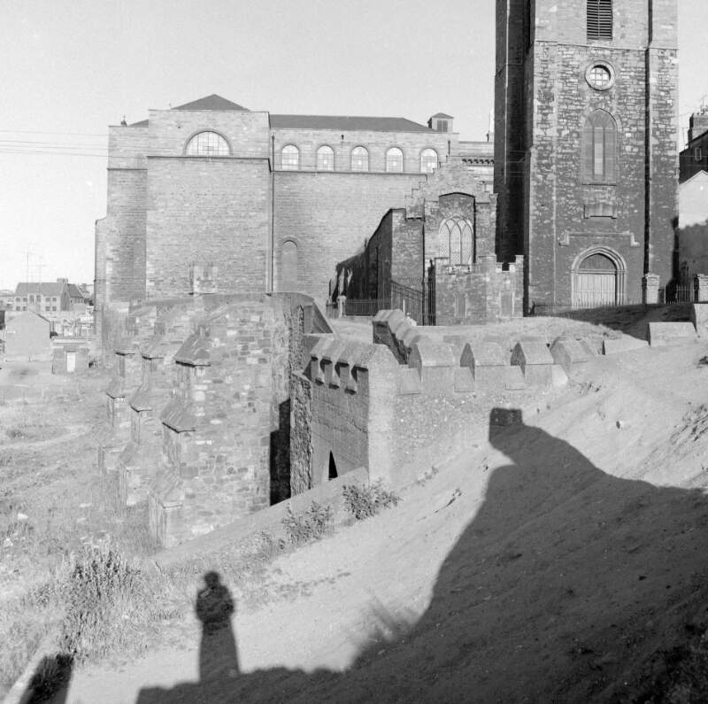 [View of St. Audoen's Church and tower from below site level, Cornmarket, Dublin]