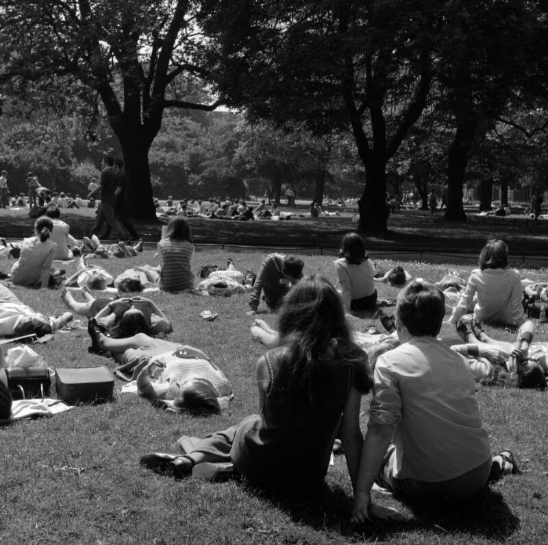 [Crowd sunbathing, St. Stephen's Green, Dublin]