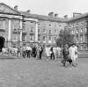 [Tourists walking across Parliament Square, Trinity College, Dublin]
