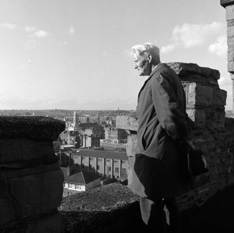 [Man looking out from St. Audoen's Tower, rooftops in distance, Cornmarket, Dublin]