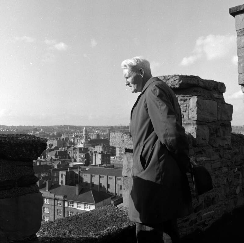 [Man looking out from St. Audoen's Tower, rooftops in distance, Cornmarket, Dublin]