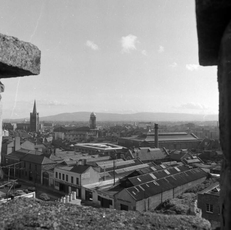 [View of Dublin from St. Audoen's Tower, shows factory rooftops, Cornmarket, Dublin]