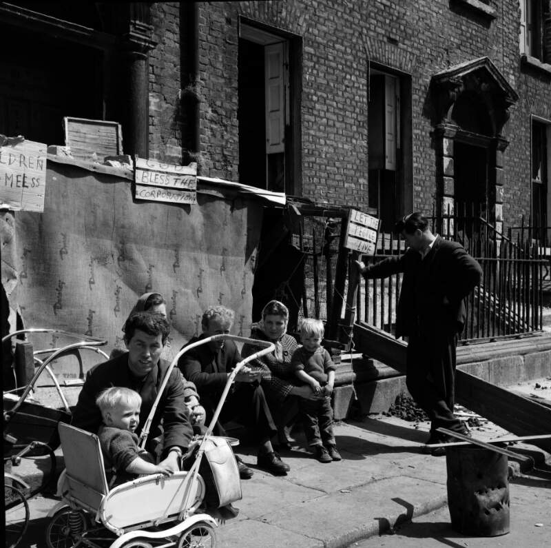 [Protest against evictions, shows children in prams, York Street, Dublin]