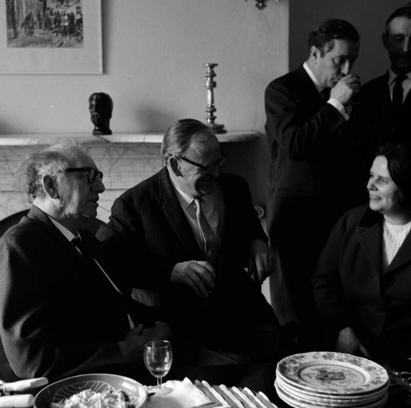 [Patrick Kavanagh and Katherine Molony with guests at their wedding party, Dublin]