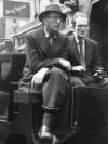 [Patrick Kavanagh and Anthony Cronin seated on horse and carriage outside Davy Byrnes pub, Bloomsday, Duke Street, Dublin]