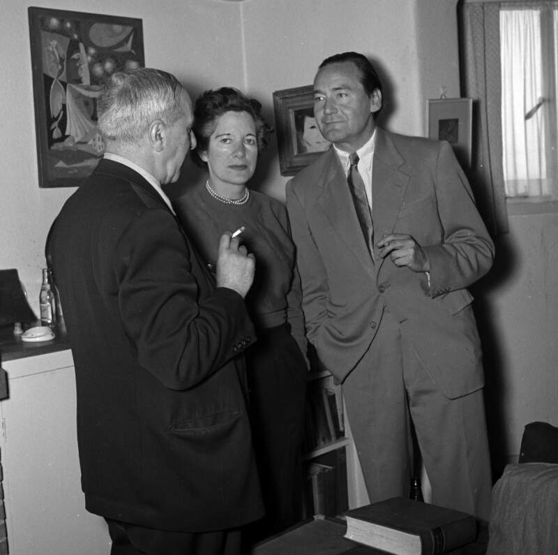 [Con Leventhal, unidentified woman and Michael Scott, Bloomsday at Scott's house, Sandycove, Co. Dublin]