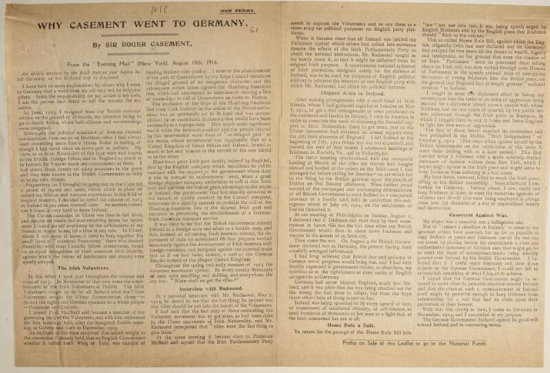 Why Casement went to Germany.