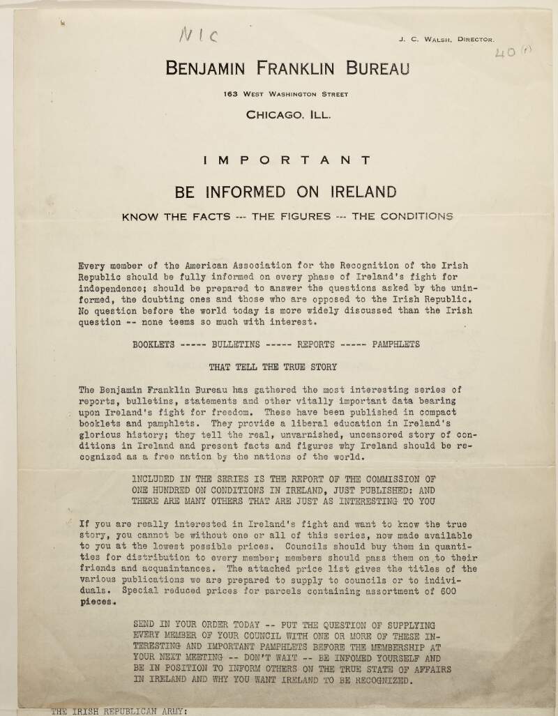 Important. Be informed on Ireland ... [Three sheets, the first urging the importance of keeping informed on the Irish situation, the second and third listing - describing works included in the Franklin series of booklets on Ireland]
