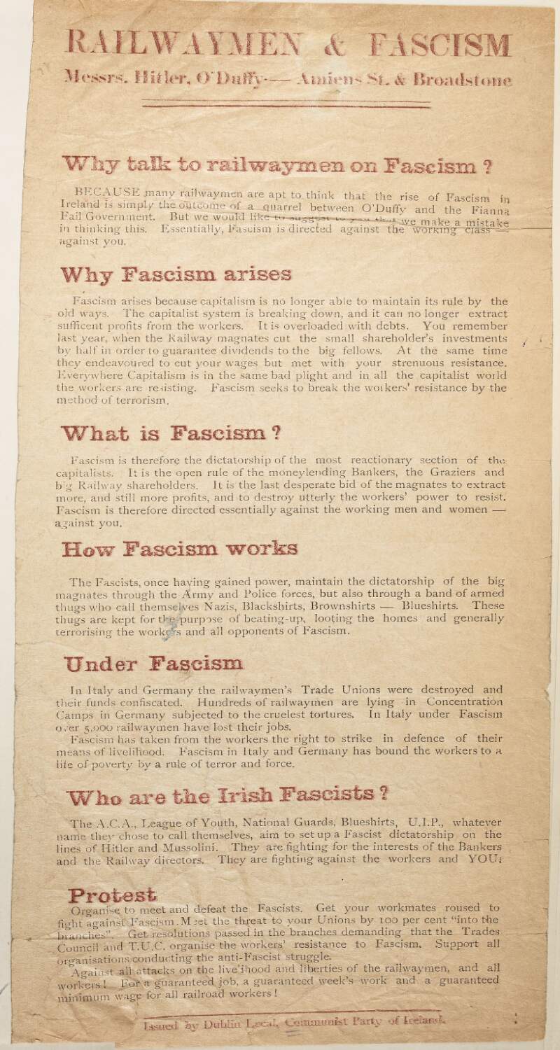 Railwaymen and fascism. Messrs. Hitler, O'Duffy - Amiens St. and Broadstone.