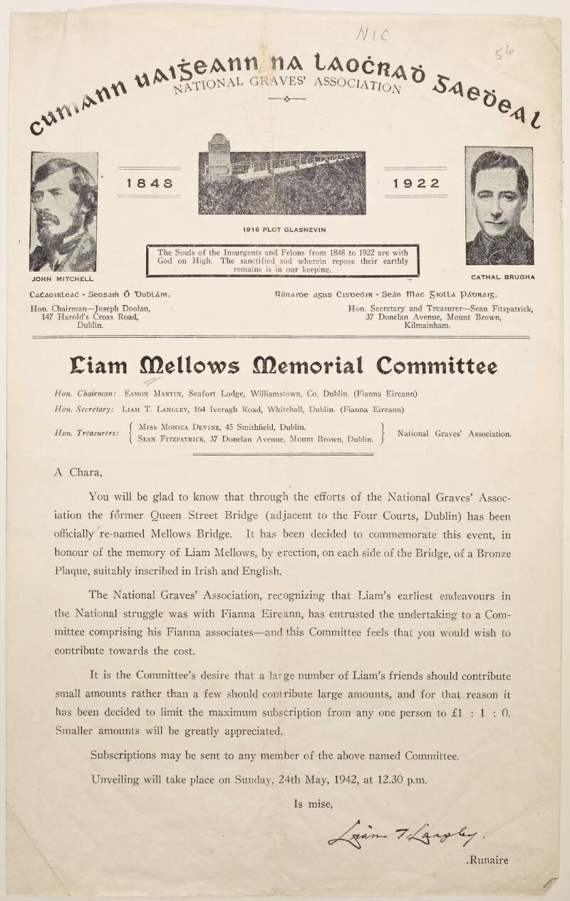 National Graves Association, 1848-1922. Liam Mellowes Memorial Committee. [Appeal for funds for a plaque to mark the re-named Mellows Bridge, formerly Queen Street Bridge (adjacent to the Four Courts)]