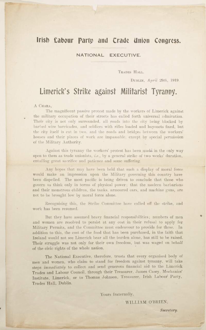 Limerick's strike against militarist tyranny,