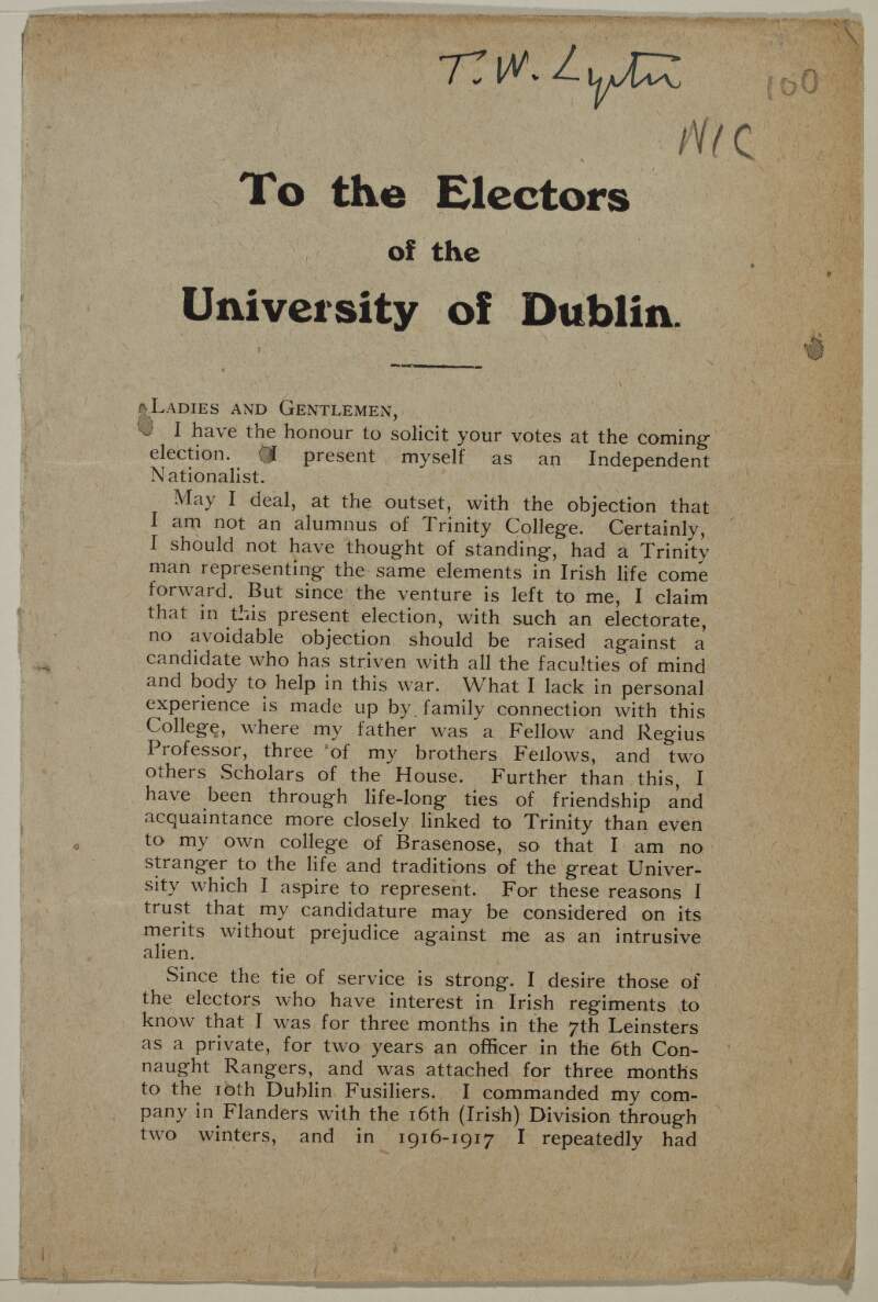 To the electors of the University of Dublin. [Election manifesto for the General Election of 1918 explaining Gwynn's views on Home Rule and Partition]