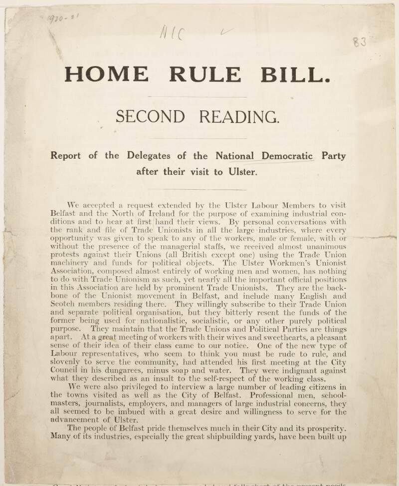 Home Rule Bill. Second reading. Report of The delegates of the National Democratic Party after their visit to Ulster.
