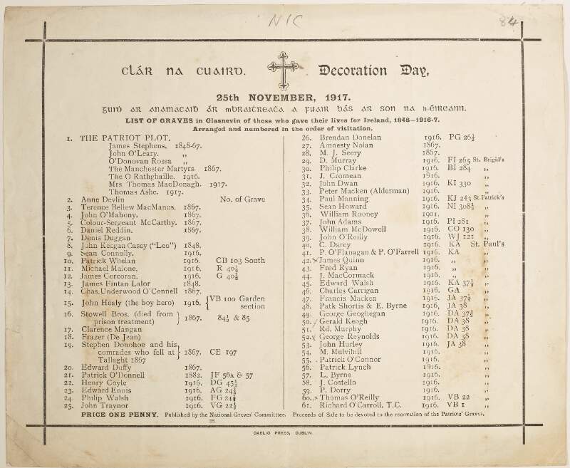 Clár na Cuaird: Decoration day, 25th November, 1917. ... List of Graves in Glasnevin of those who gave their lives for Ireland, 1848-1916-17.