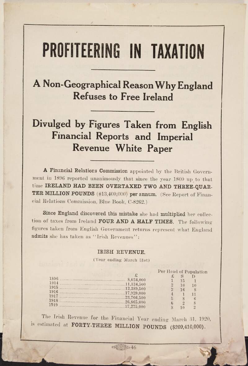Profiteering in Taxation. A non-geographical reason why England refuses to free Ireland. Divulged by figures taken from English financial reports and Imperial Revenue white paper.
