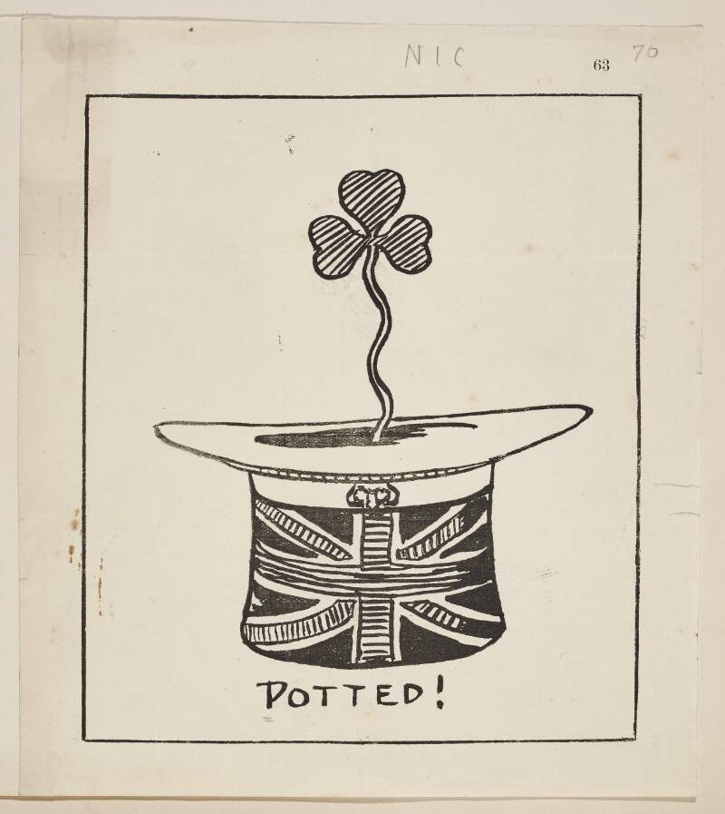 Potted! [A cartoon depicting a shamrock in a flower pot shaped like a hat with the design of the Union Jack]
