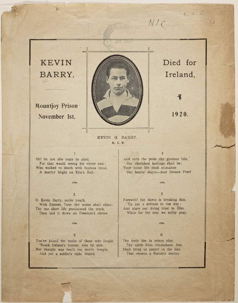 Kevin Barry died for Ireland, Mountjoy Prison, November 1st, 1920.