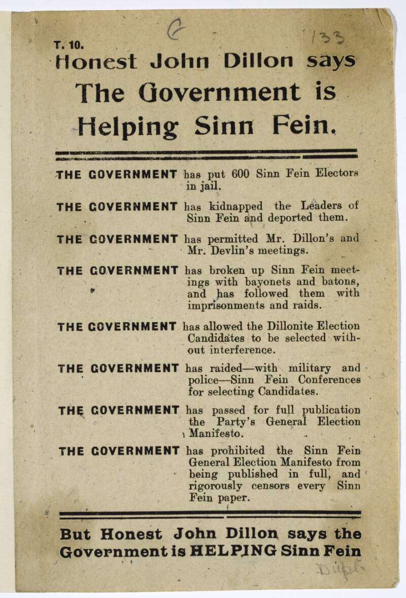 Honest John Dillon says the Government is helping Sinn Fein.