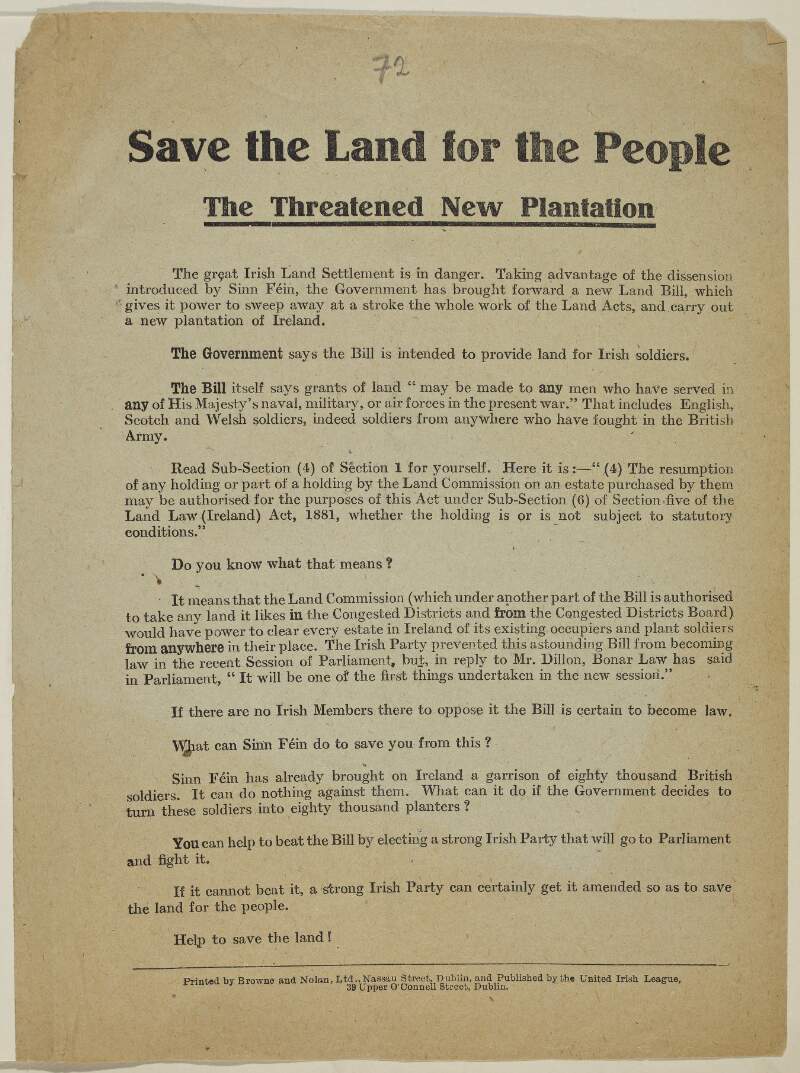 Save the land for the people. The threatened new plantation.
