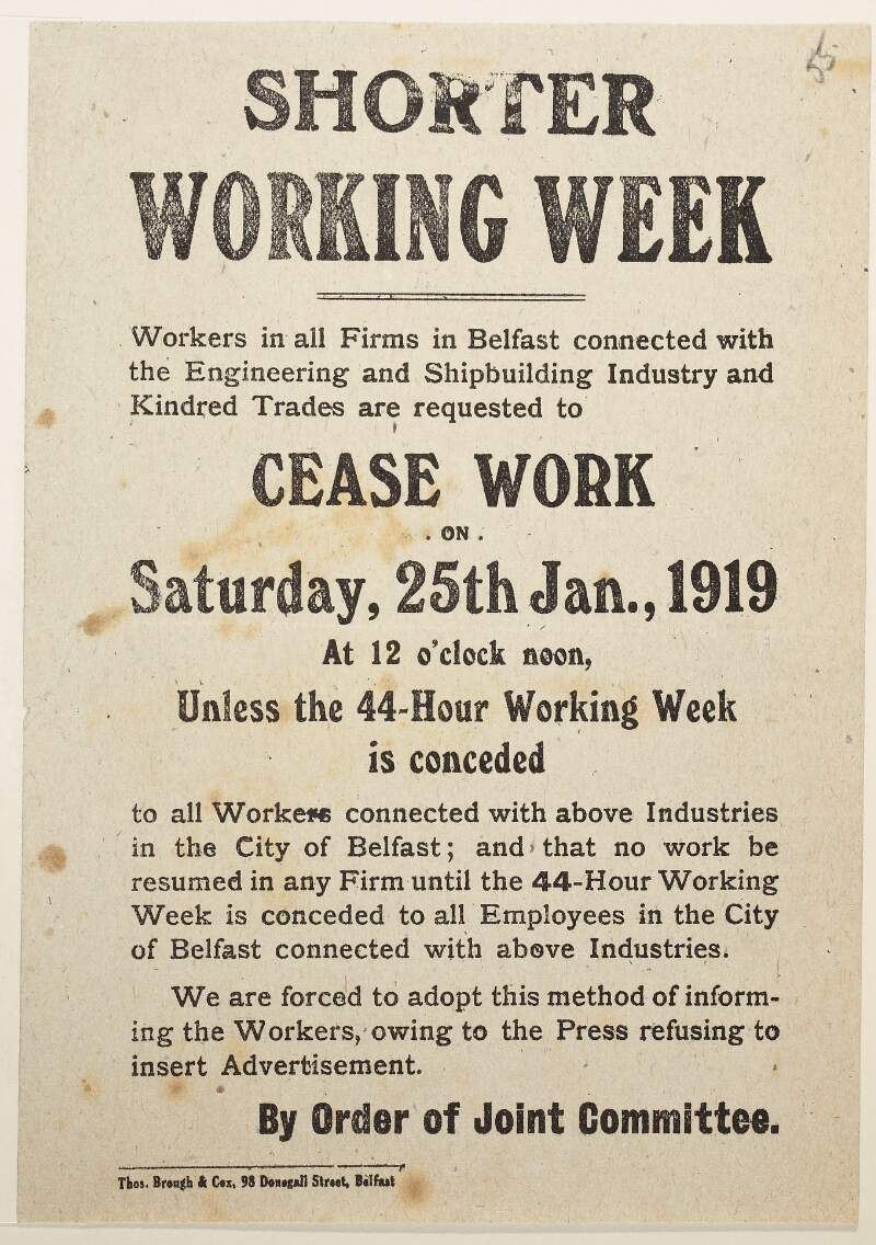 Shorter working week: Notice to cease work on Sat. 25 Jan. 1919 at 12o'clock noon unless the 44 hour working week is conceded.
