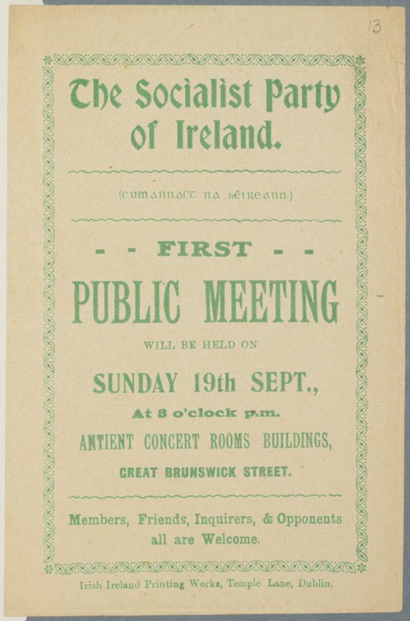First public meeting will be held on Sunday, 19th Sept. ... 1909 : Antient Concert Rooms. [Handbill].
