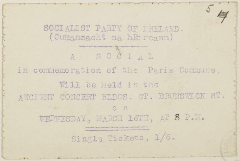 A social in commemoration of the Paris Commune will be in the Antient Concert Buildings ... : Wednes. Mar. 16th ... [Advertising card].