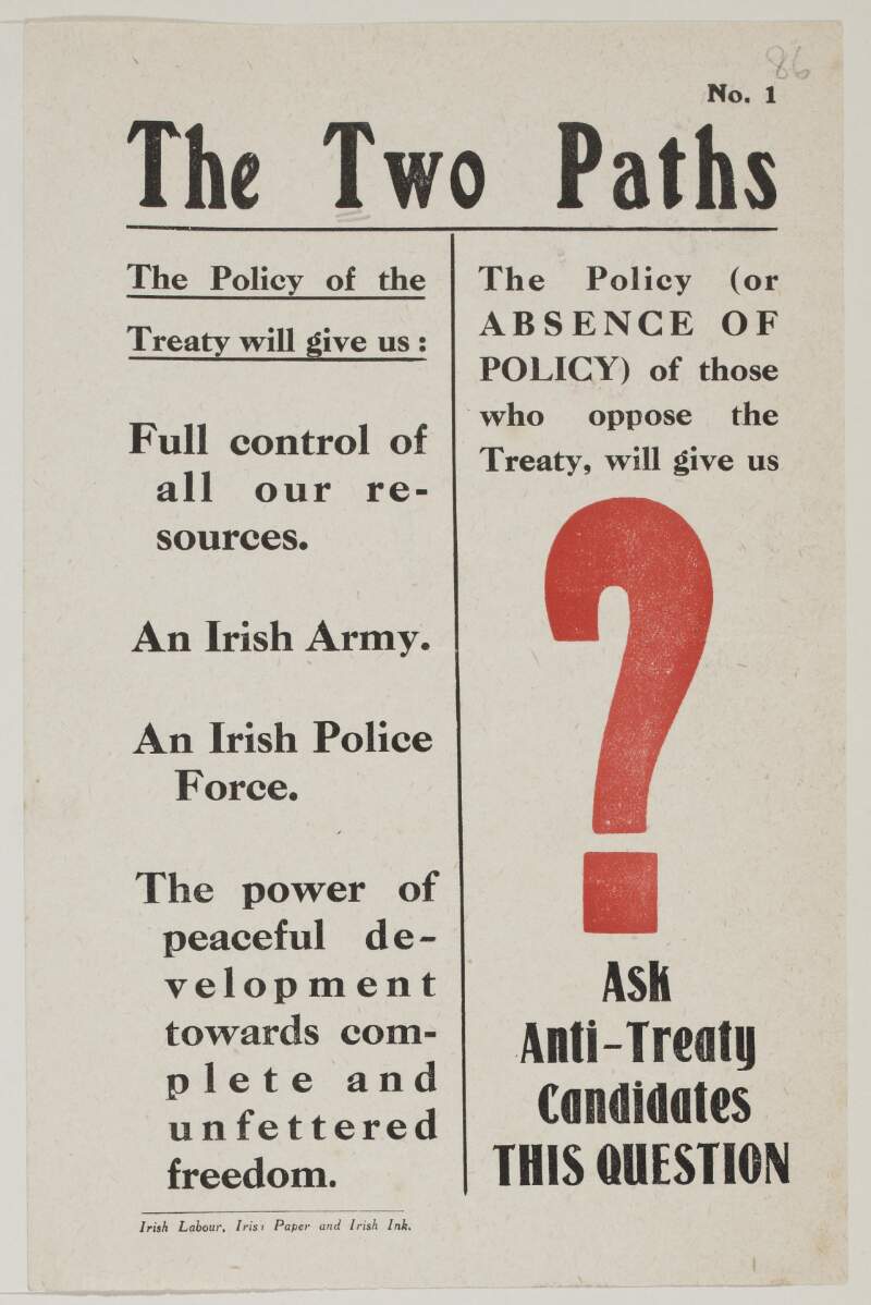 The two paths. The policy of the Treaty will give us: full control of all our resources ... The policy (or absence of policy) of those who oppose the Treaty, will give us? Ask anti-Treaty candidates this question.