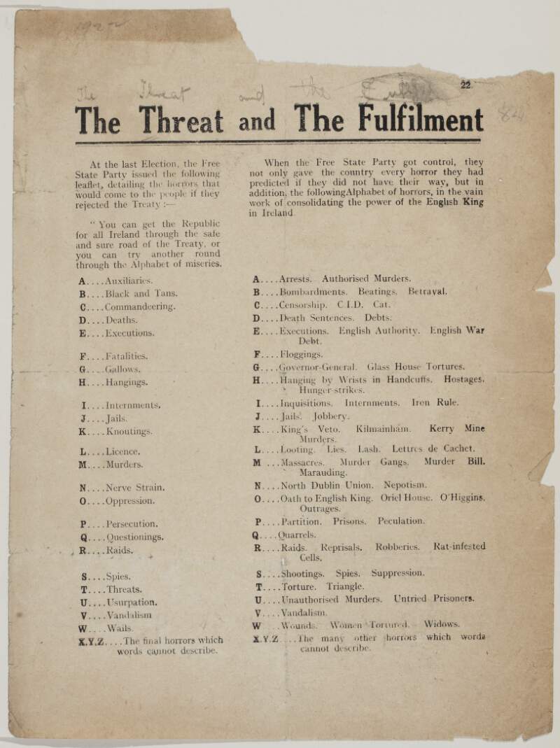 The threat and the fulfilment. [Anti-Free State handbill]