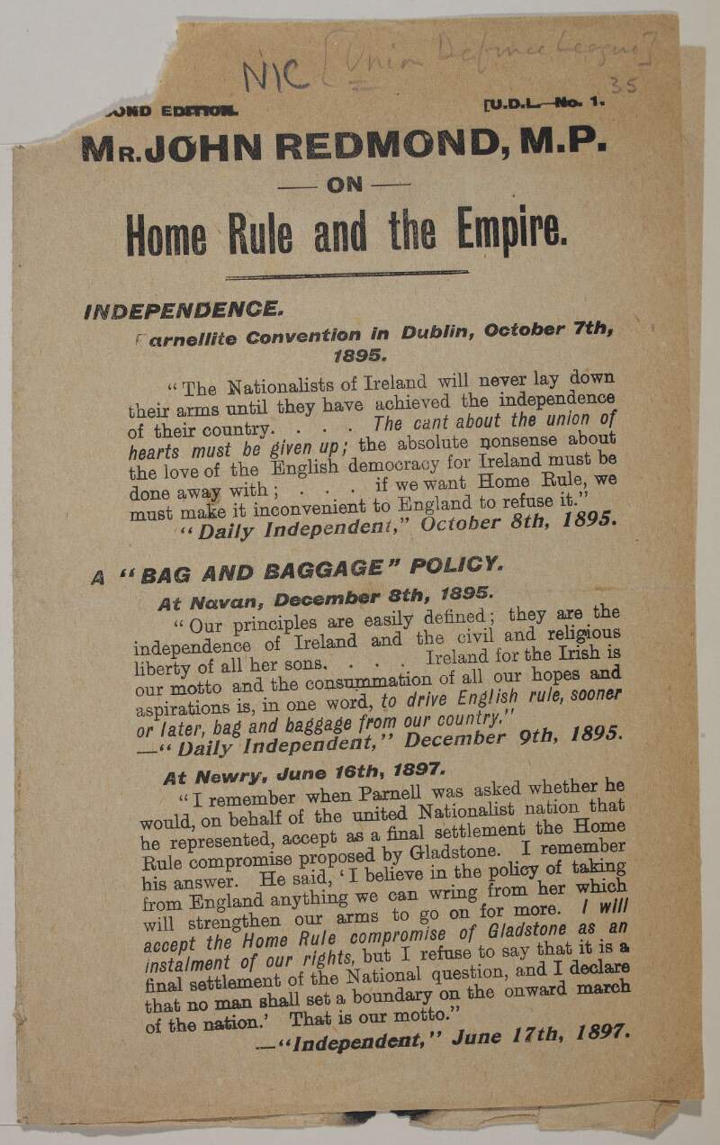 Mr. John Redmond, M.P. on Home Rule and the Empire /