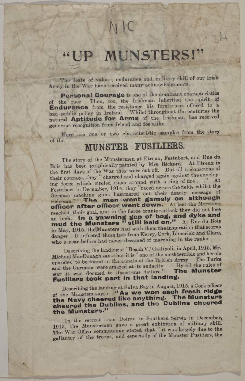 "Up Munsters". [Handbill praising the exploits of Irish soldiers in the British army and asking for more support from home]