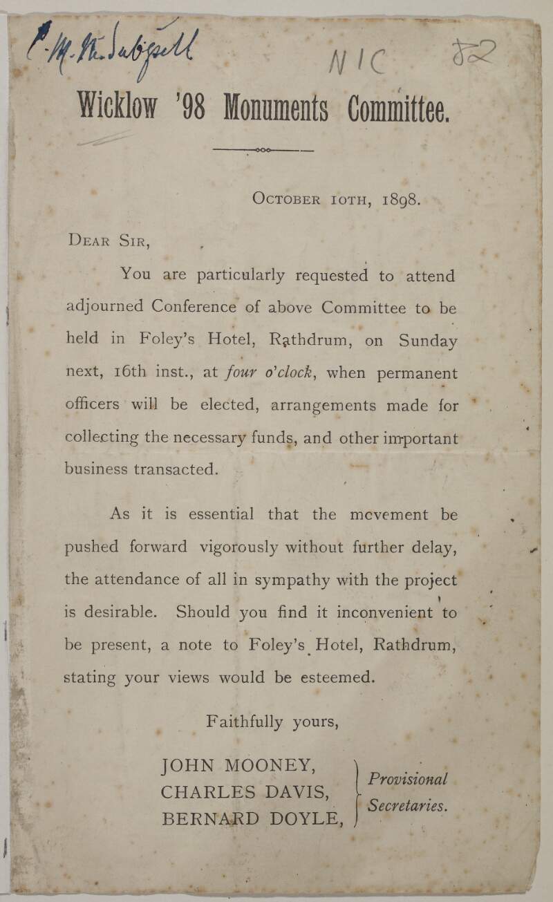 [Letter giving notice of meeting in Foley's Hotel, Rathdrum, dated October 10th, 1898]