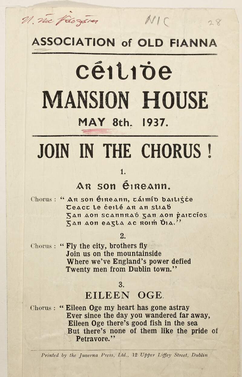 Céilidhe. Mansion House, May 8th, 1937. Join in the Chorus! ...