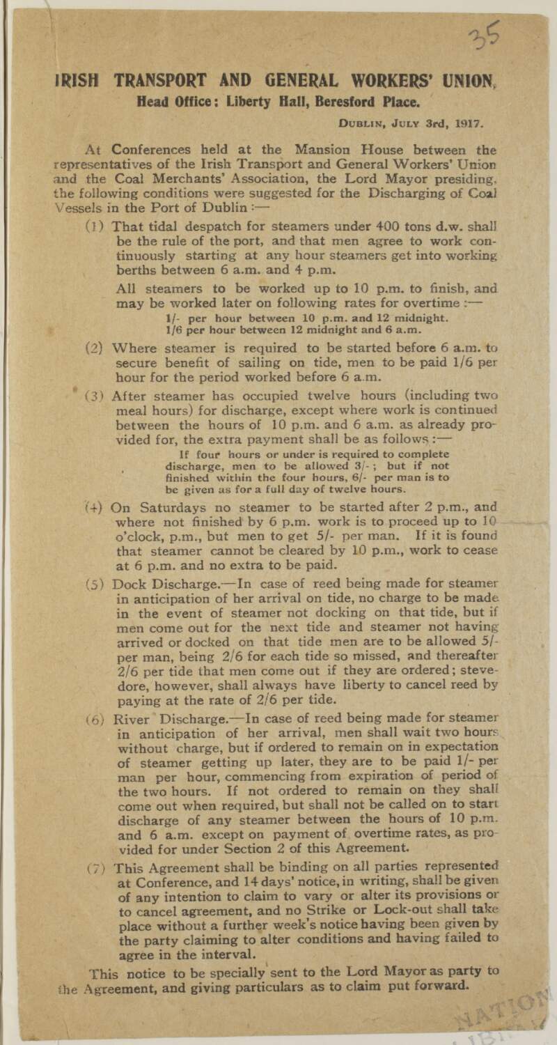 [Handbill announcing conditions suggested at a conference with employers in the Mansion House for the discharging of coal vessels in the port of Dublin]