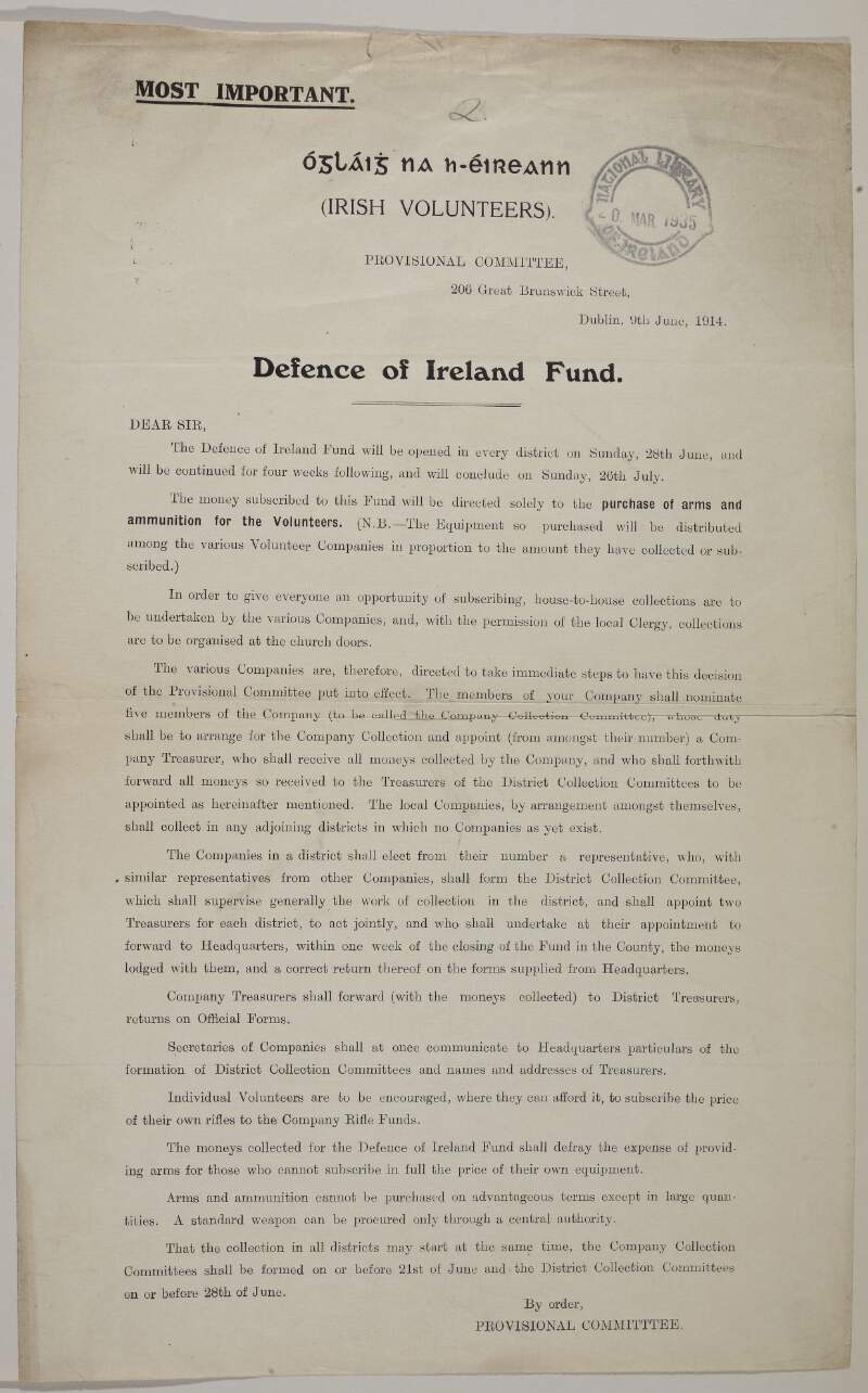 Defence of Ireland Fund. Open letter asking for subscriptions for the purchase of arms and ammunition for the Volunteers